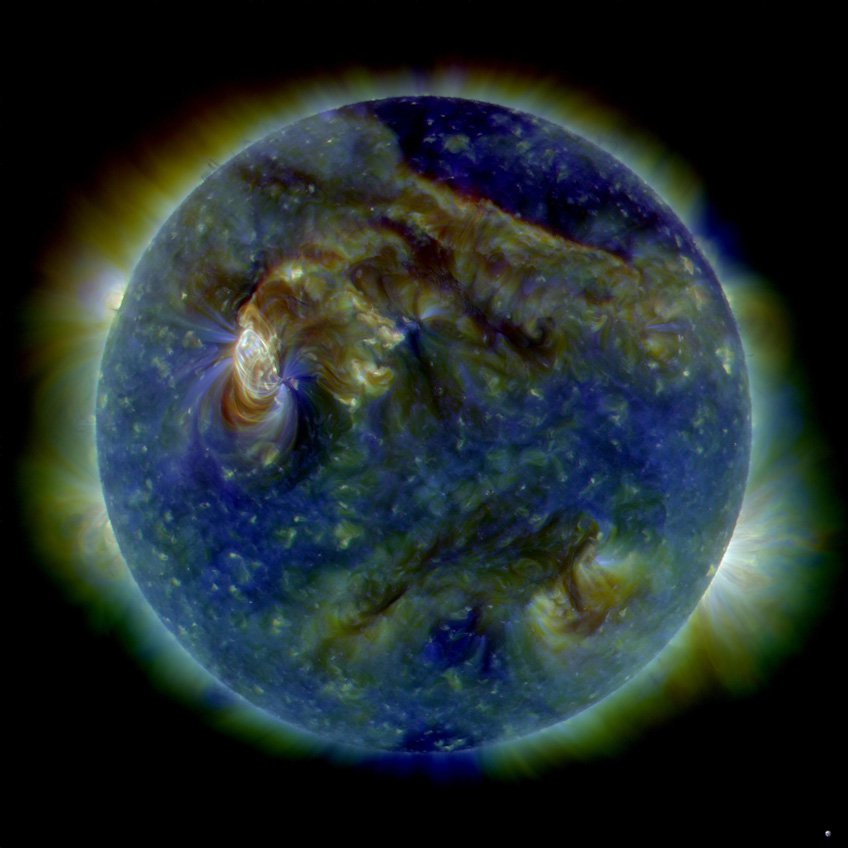 uv-solar-events Multi-wavelength extreme ultraviolet photo of solar events.
Image Credit: NASA/SDO/AIA