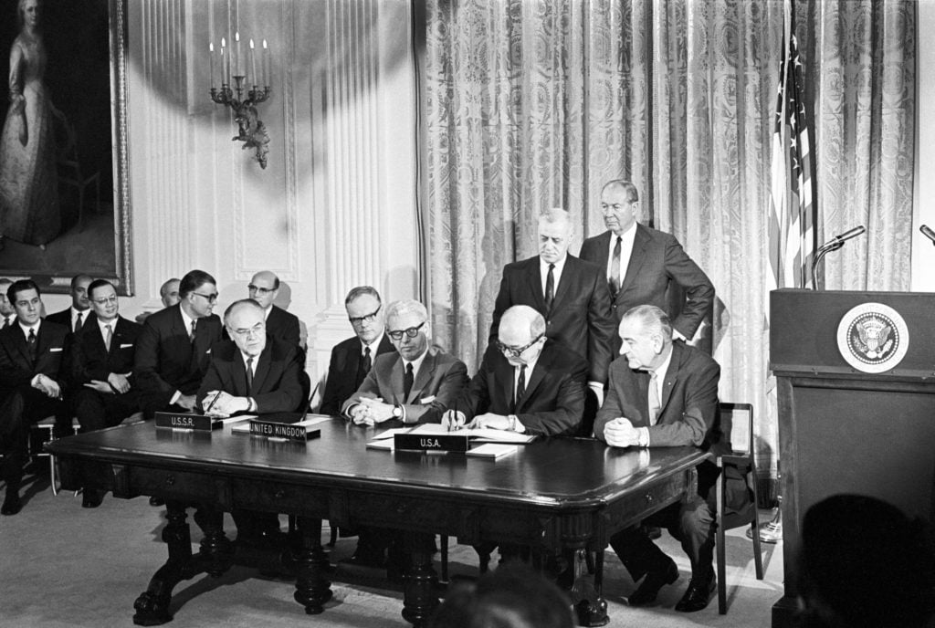 The signing of the Outer Space Treaty in 1967