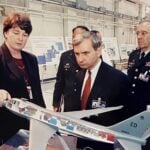 Maguire, Vice President of Engineering for TRW Space at the time, briefing Rhode Island Senator Jack Reed on the Airborne Laser (ABL) program, 1996. Photo courtesy Joanne Maguire